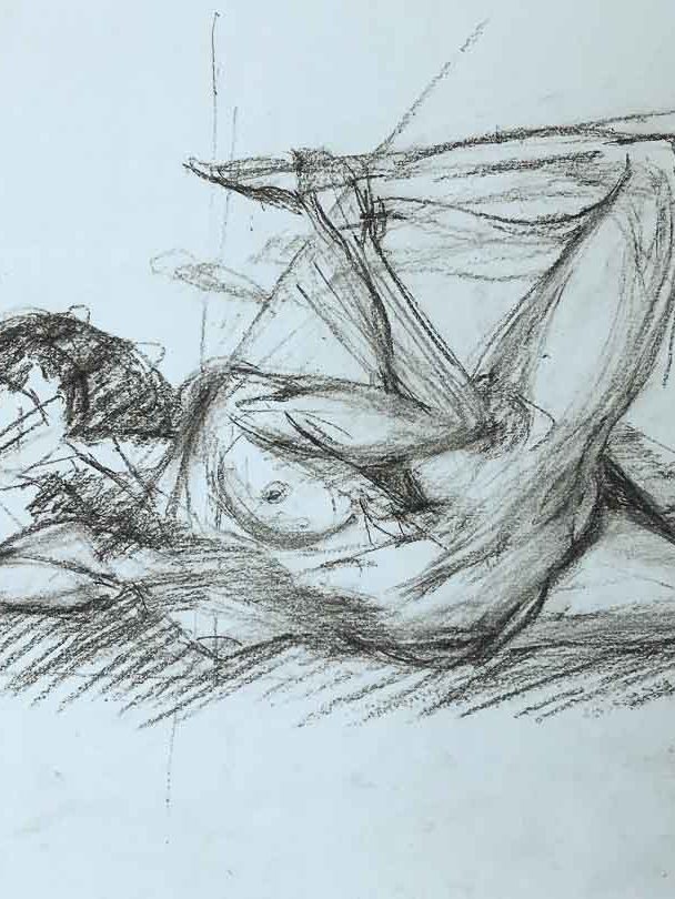 Dessin au fusain fait dans un atelier d'après un modèle vivant, poses moyenne