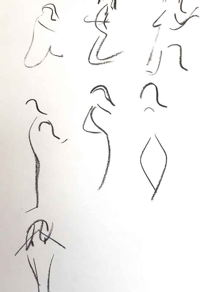 Dessin au fusain fait dans un atelier d'après un modèle vivant, poses courte