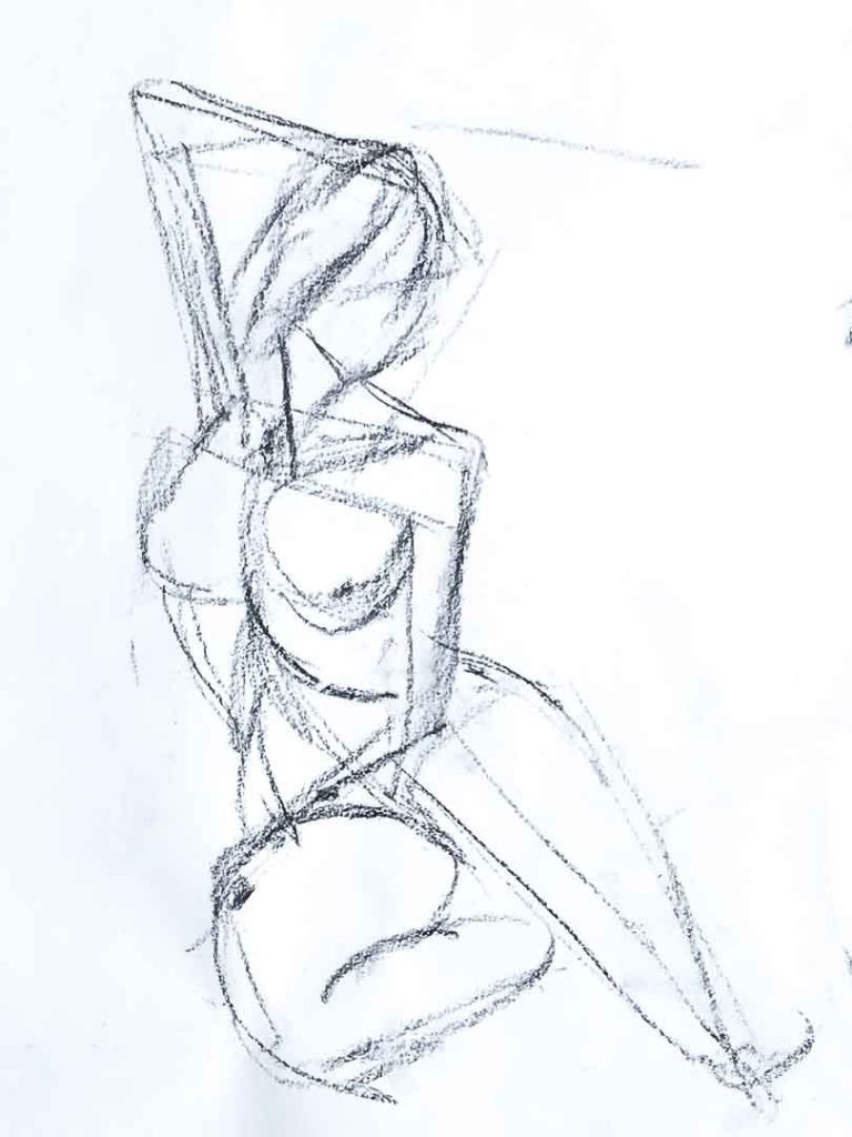 Dessin au fusain fait dans un atelier d'après un modèle vivant, poses courte